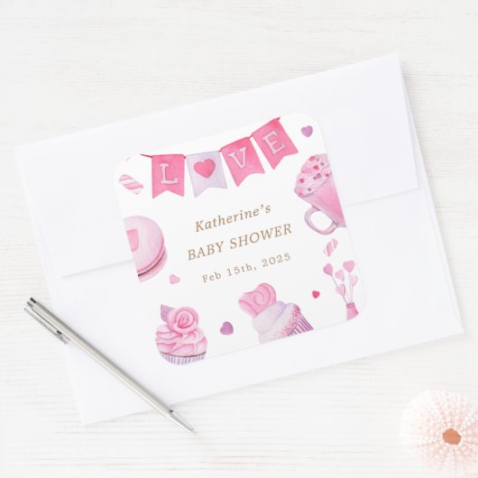 かわいいピンクの赤ちゃんシャワー スクエアシール (封筒)