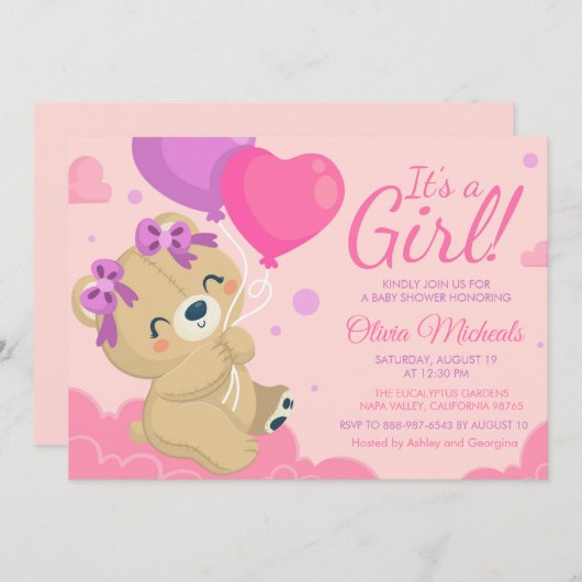 かわいいピンクの赤ちゃんシャワー|過去記事 招待状 (正面/裏面)