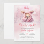 かわいいピンクの赤ちゃんトナカイがいるピンクの冬の風景 招待状 (正面/裏面)