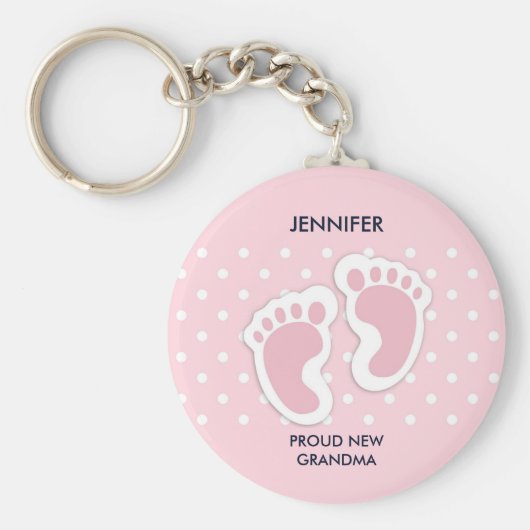 かわいいピンクの赤ちゃん女の子の足跡おばあちゃん誇りを持った キーホルダー (正面)