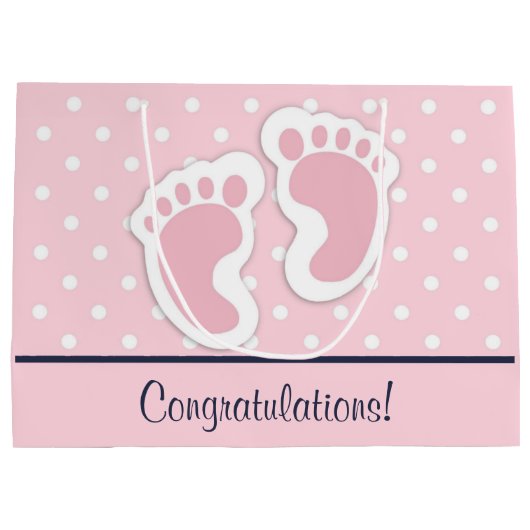 かわいいピンクの赤ちゃん女の子の足跡おめでとう ラージペーパーバッグ (裏面)