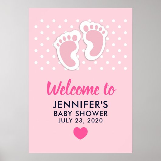 かわいいピンクの赤ちゃん女の子の足跡ベビシャワー ポスター (正面)