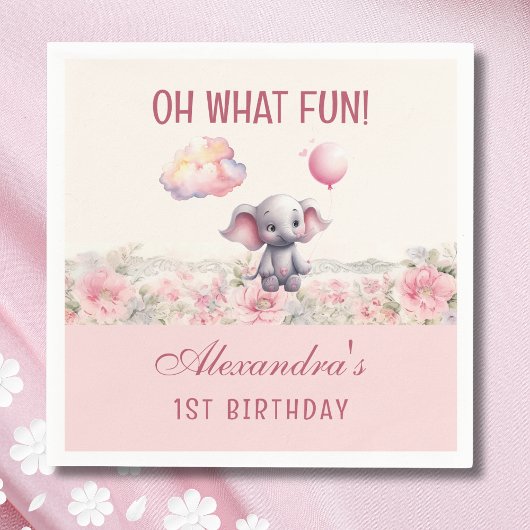 かわいいピンクの赤ちゃん女の子エレファント1st誕生日パーティー スタンダードカクテルナプキン