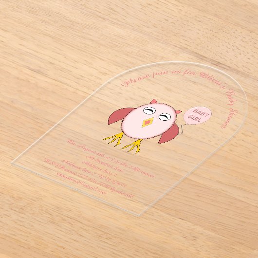かわいいピンクの赤ちゃん女の子フクロウカスタムの赤ちゃんシャワー アクリル招待状 (レイダウン)