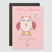 かわいいピンクの赤ちゃん女の子フクロウカスタムの赤ちゃんシャワー マグネット招待状 (正面/裏面)