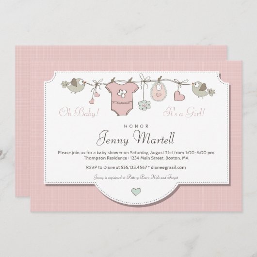 かわいいピンクの赤ちゃん服 |赤ちゃんシャワー 招待状 (正面/裏面)