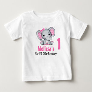 かわいいピンクの赤ちゃん象の1歳の誕生日 ベビーTシャツ