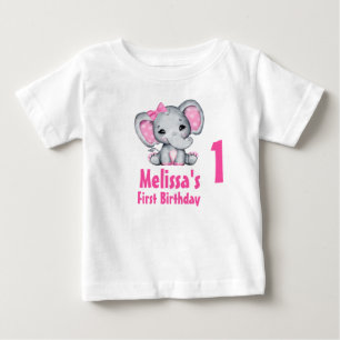 かわいいピンクの赤ちゃん象の1歳の誕生日 ベビーTシャツ