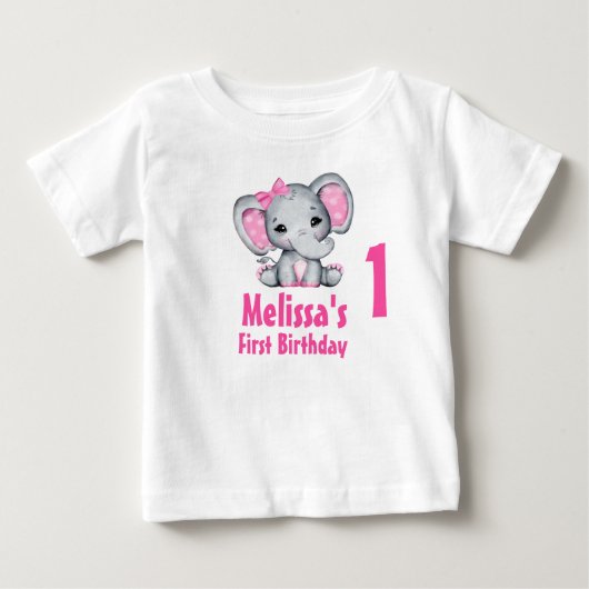 かわいいピンクの赤ちゃん象の1歳の誕生日 ベビーTシャツ (正面)