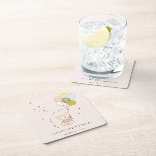 かわいいピンクの赤面クマ気球任意の年齢誕生日 スクエアペーパーコースター (インサイチュ)