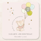 かわいいピンクの赤面クマ気球任意の年齢誕生日 スクエアペーパーコースター (正面)