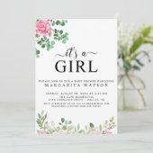 かわいいピンクの赤面フローラ水の色ガールベビーシャワー 招待状 (スタンド正面)