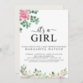 かわいいピンクの赤面フローラ水の色ガールベビーシャワー 招待状 (正面/裏面)