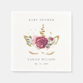 かわいいピンクの赤面金ゴールドフローラユニコーン赤ちゃんシャワー スタンダードカクテルナプキン