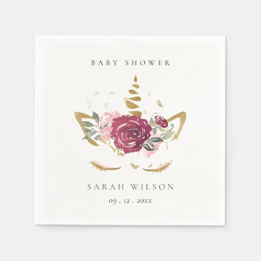 かわいいピンクの赤面金ゴールドフローラユニコーン赤ちゃんシャワー スタンダードカクテルナプキン (正面)