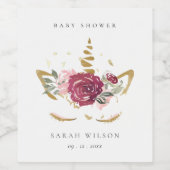 かわいいピンクの赤面金ゴールドフローラユニコーン赤ちゃんシャワー ワインラベル (シングルラベル)