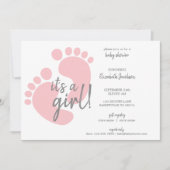 かわいいピンクの足跡 女の子のベビーシャワー 招待状 (正面)