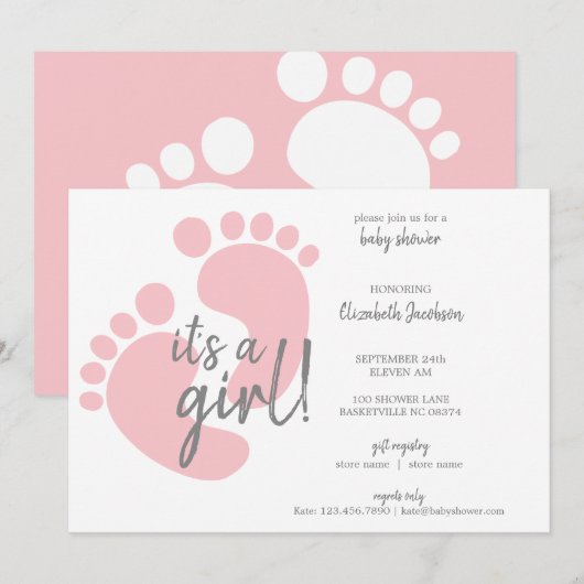 かわいいピンクの足跡 女の子のベビーシャワー 招待状 (正面/裏面)