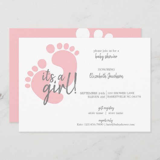 かわいいピンクの足跡-女の子の赤ちゃんのシャワー 招待状 (正面/裏面)