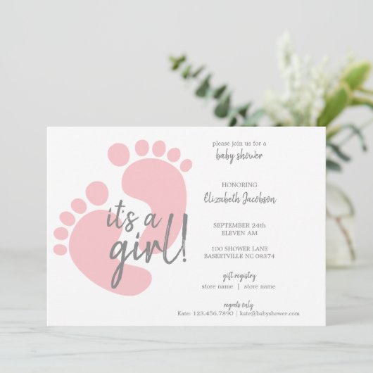 かわいいピンクの足跡-女の子の赤ちゃんのシャワー 招待状 (スタンド正面)
