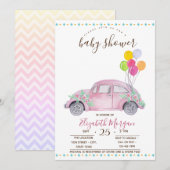 かわいいピンクの車、風船 ジグザグ ベビーシャワー 招待状 (正面/裏面)