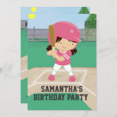 かわいいピンクの野球女子バースデーパーティー 招待状 (正面/裏面)