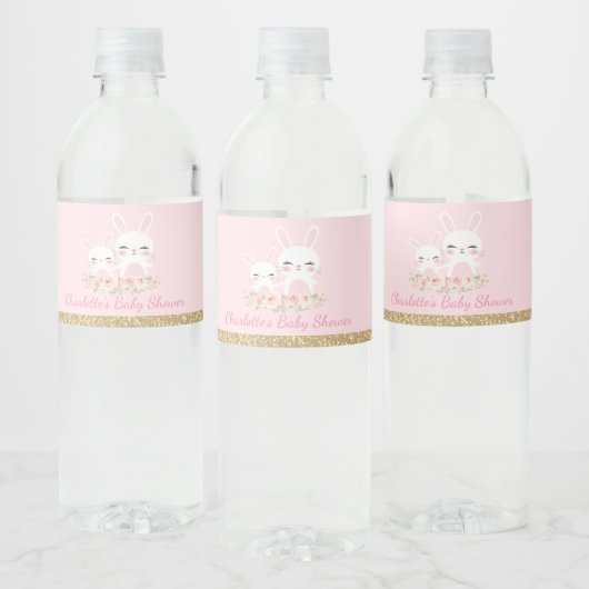 かわいいピンクの金ゴールドバニー赤ちゃんシャワーラビットパーティー ペットボトルラベル (ボトル)