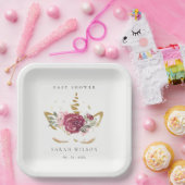 かわいいピンクの金ゴールドフェイクフローラユニコーン赤ちゃんシャワー ペーパープレート (パーティー)