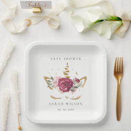 かわいいピンクの金ゴールドフェイクフローラユニコーン赤ちゃんシャワー ペーパープレート