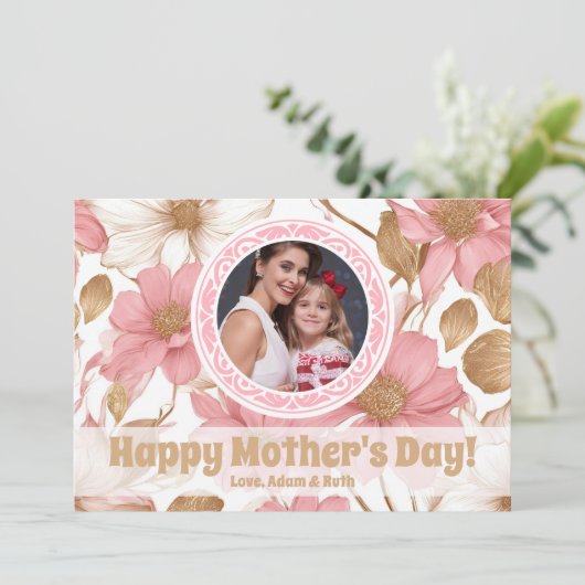 かわいいピンクの金ゴールドフローラフォトマザーズのデイカード カード (スタンド正面)