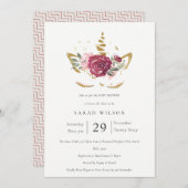 かわいいピンクの金ゴールドフローラユニコーンベビーシャワー招待状 サンキューカード (正面/裏面)