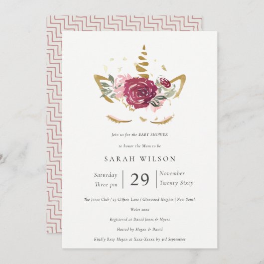 かわいいピンクの金ゴールドフローラユニコーンベビーシャワー招待状 サンキューカード (正面/裏面)