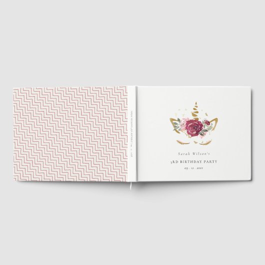 かわいいピンクの金ゴールドフローラユニコーン任意の年齢誕生日 ゲストブック (全面)