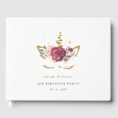 かわいいピンクの金ゴールドフローラユニコーン任意の年齢誕生日 ゲストブック (正面)