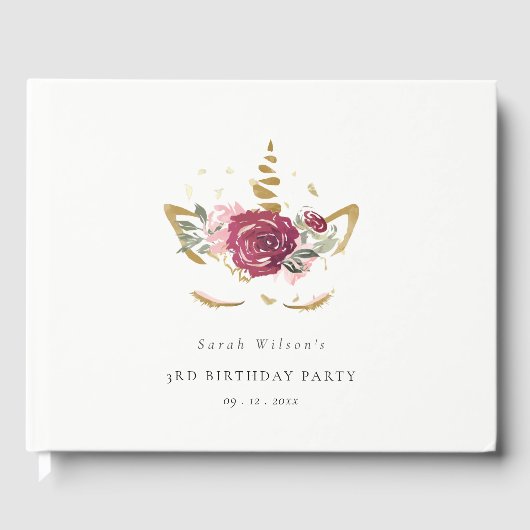 かわいいピンクの金ゴールドフローラユニコーン任意の年齢誕生日 ゲストブック (正面)