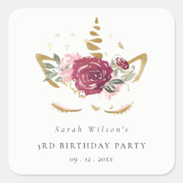 かわいいピンクの金ゴールドフローラユニコーン任意の年齢誕生日 スクエアシール