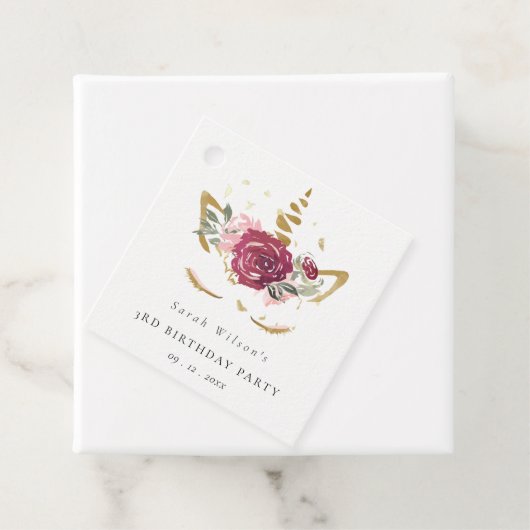 かわいいピンクの金ゴールドフローラユニコーン任意の年齢誕生日 フェイバータグ (インサイチュ)