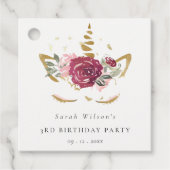 かわいいピンクの金ゴールドフローラユニコーン任意の年齢誕生日 フェイバータグ (正面)