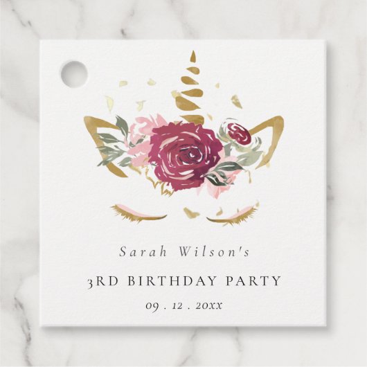 かわいいピンクの金ゴールドフローラユニコーン任意の年齢誕生日 フェイバータグ (正面)