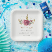 かわいいピンクの金ゴールドフローラユニコーン任意の年齢誕生日 ペーパープレート (パーティー)