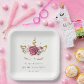 かわいいピンクの金ゴールドフローラユニコーン任意の年齢誕生日 ペーパープレート (パーティー)