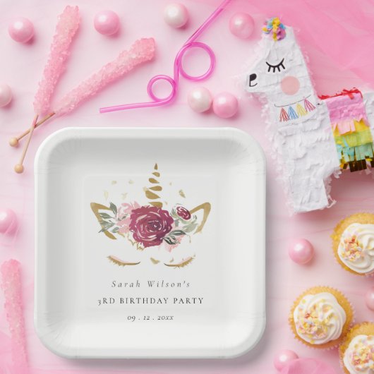 かわいいピンクの金ゴールドフローラユニコーン任意の年齢誕生日 ペーパープレート (パーティー)