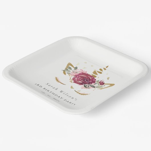 かわいいピンクの金ゴールドフローラユニコーン任意の年齢誕生日 ペーパープレート (傾斜あり)