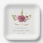 かわいいピンクの金ゴールドフローラユニコーン任意の年齢誕生日 ペーパープレート (正面)