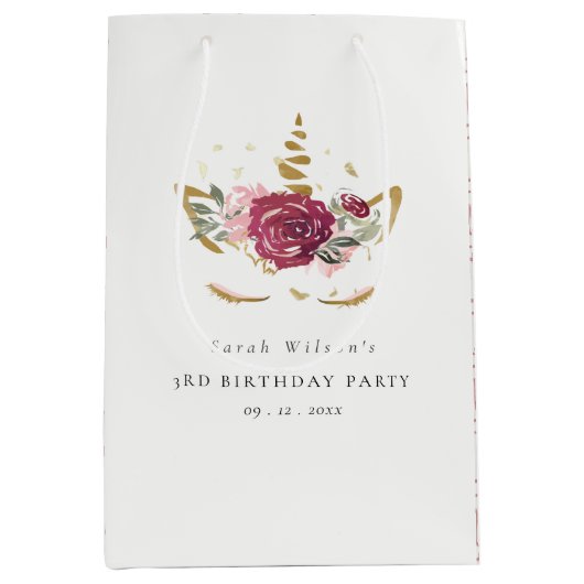 かわいいピンクの金ゴールドフローラユニコーン任意の年齢誕生日 ミディアムペーパーバッグ (正面)