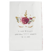 かわいいピンクの金ゴールドフローラユニコーン任意の年齢誕生日 ミディアムペーパーバッグ (裏面)