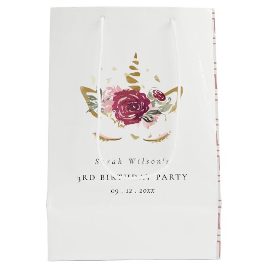 かわいいピンクの金ゴールドフローラユニコーン任意の年齢誕生日 ミディアムペーパーバッグ (裏面)