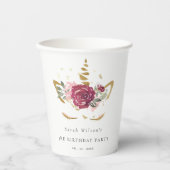 かわいいピンクの金ゴールドフローラユニコーン任意の年齢誕生日 紙コップ (正面)