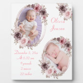 かわいいピンクの金ゴールドフローラ水の色ベビーガール写真 フォトプラーク (正面)