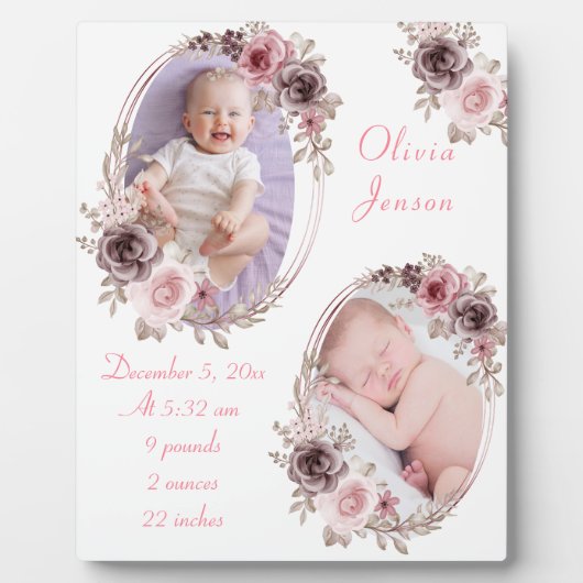 かわいいピンクの金ゴールドフローラ水の色ベビーガール写真 フォトプラーク (正面)